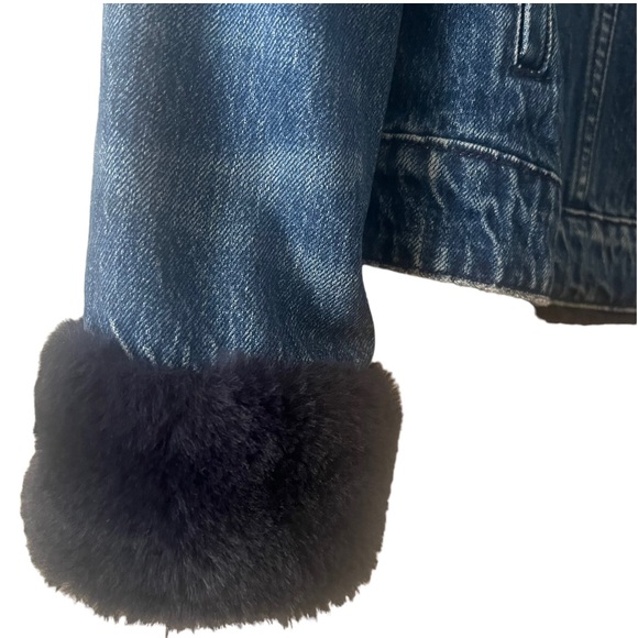 Good American Dark Denim Jacket Faux Fur Trim size Large (3) - Picture 5 of 11